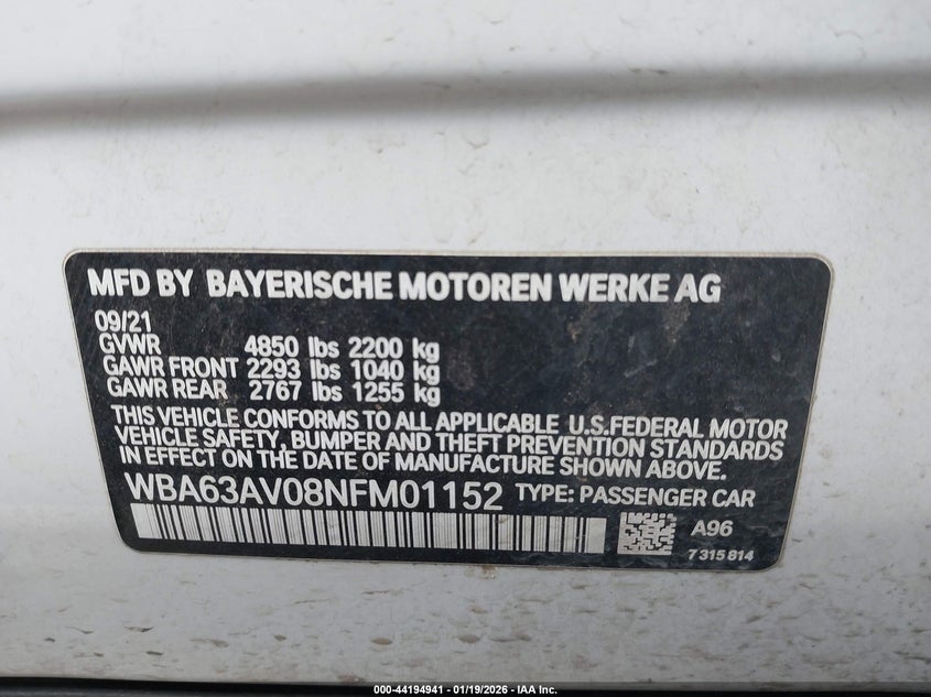 2022 BMW 430I Gran Coupe VIN: WBA63AV08NFM01152 Lot: 44194941