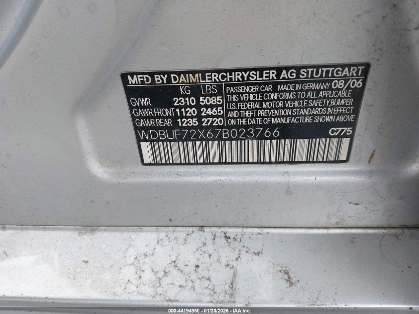 2007 Mercedes-Benz E 550 VIN: WDBUF72X67B023766 Lot: 44194950