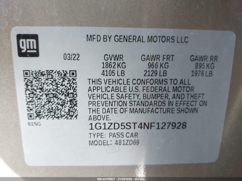 VIN 1G1ZD5ST4NF127928 2022 CHEVROLET MALIBU FWD LT