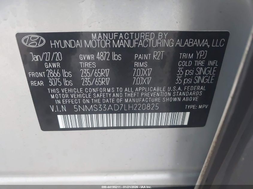 2020 Hyundai Santa Fe Sel VIN: 5NMS33AD7LH220825 Lot: 44195211
