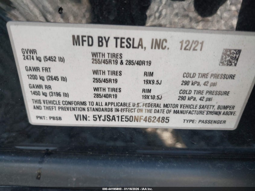 2022 Tesla Model S VIN: 5YJSA1E50NF462485 Lot: 44195413