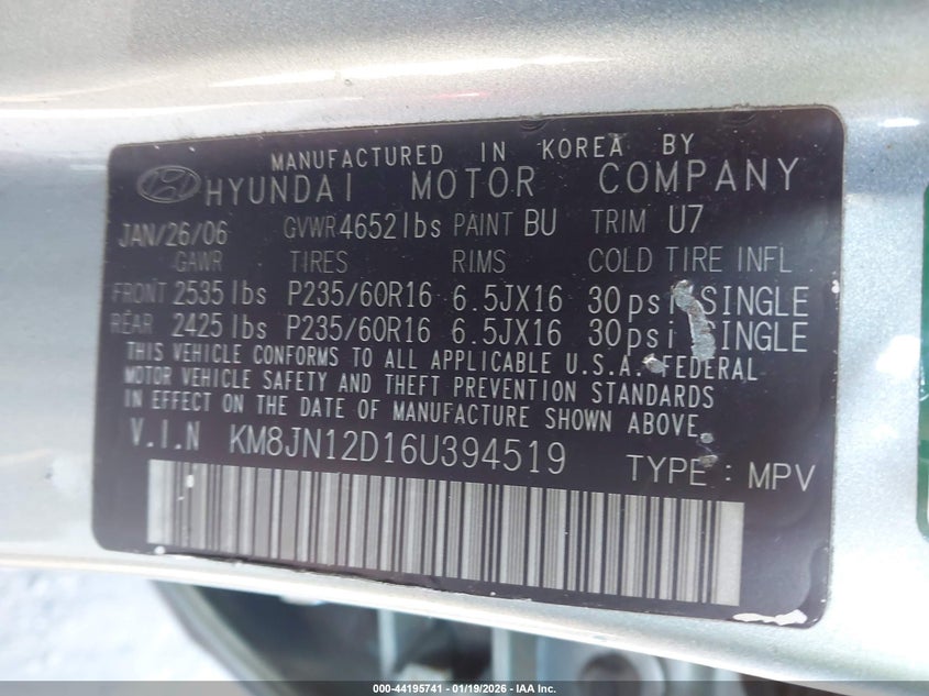 2006 Hyundai Tucson Gls/Limited VIN: KM8JN12D16U394519 Lot: 44195741