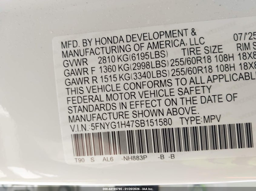 2025 Honda Pilot Ex-L VIN: 5FNYG1H47SB151580 Lot: 44195795