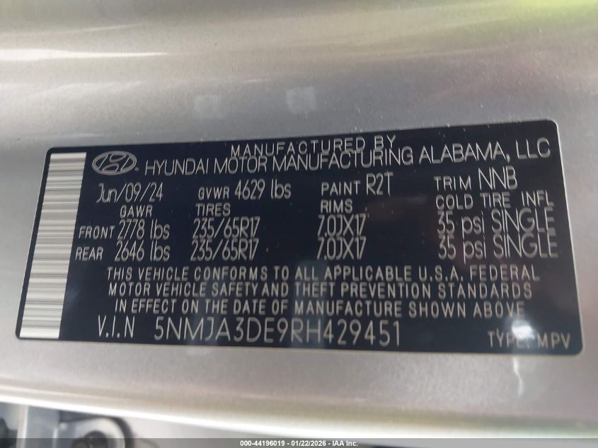 2024 Hyundai Tucson Se VIN: 5NMJA3DE9RH429451 Lot: 44196019