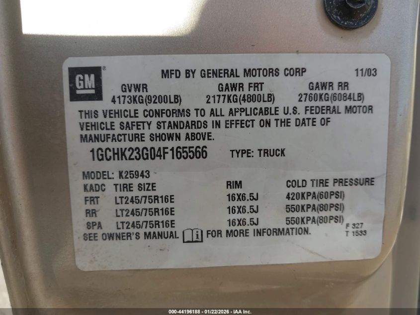 2004 Chevrolet Silverado 2500Hd Ls VIN: 1GCHK23G04F165566 Lot: 44196188