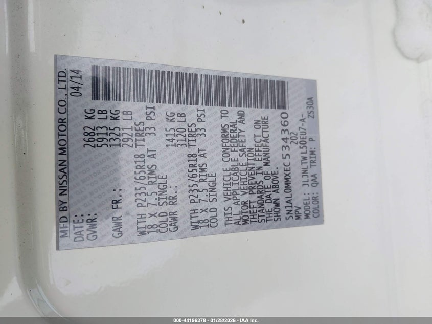 2014 Infiniti Qx60 VIN: 5N1AL0MMXEC534360 Lot: 44196378