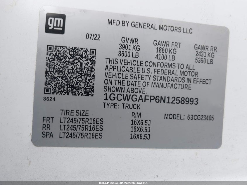 VIN 1GCWGAFP6N1258993 2022 CHEVROLET EXPRESS CARGO RWD 2500 REGULAR WHEELBASE WT