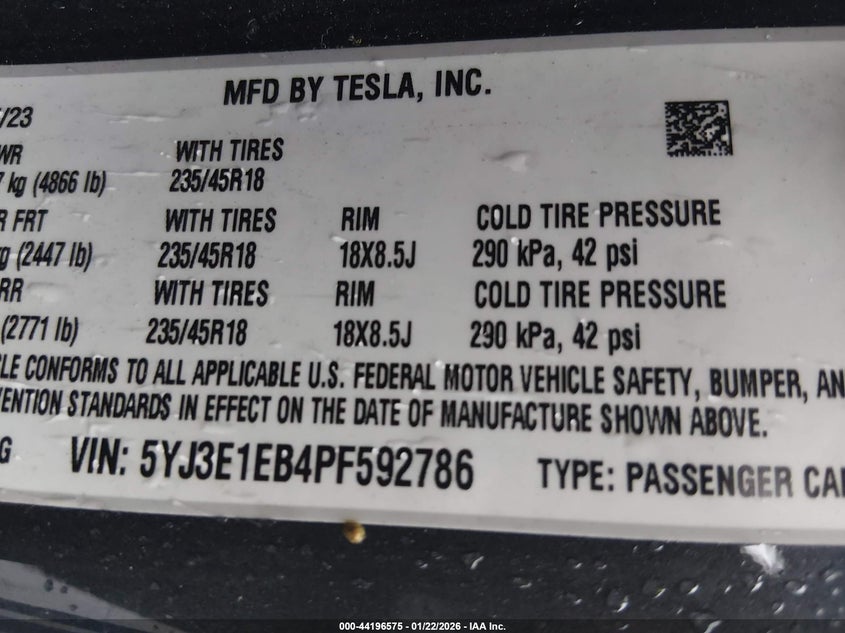 2023 Tesla Model 3 Long Range Dual Motor All-Wheel Drive VIN: 5YJ3E1EB4PF592786 Lot: 44196575
