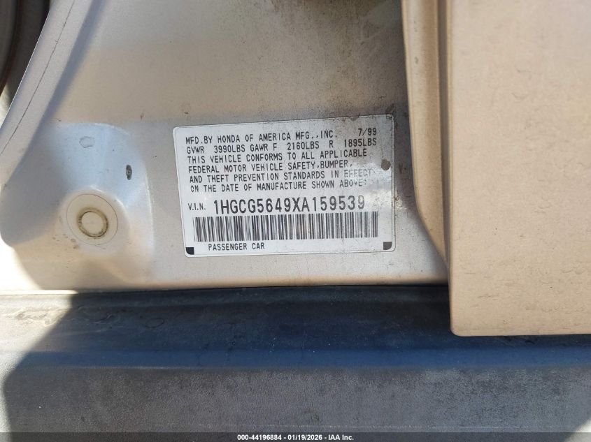 1999 Honda Accord Lx VIN: 1HGCG5649XA159539 Lot: 44196884