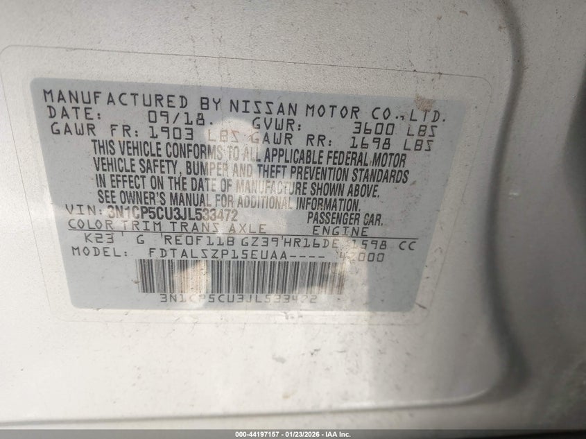 2018 Nissan Kicks Sv VIN: 3N1CP5CU3JL533472 Lot: 44197157