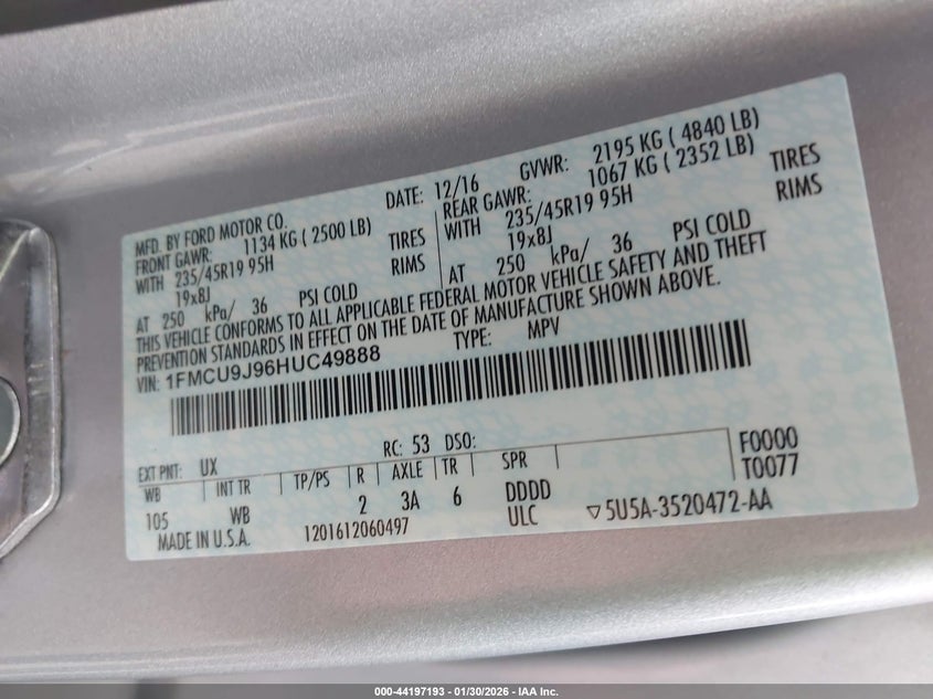 2017 Ford Escape Titanium VIN: 1FMCU9J96HUC49888 Lot: 44197193