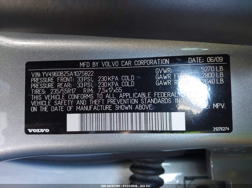 2010 Volvo Xc70 3.2 VIN: YV4960BZ5A1075822 Lot: 44197390