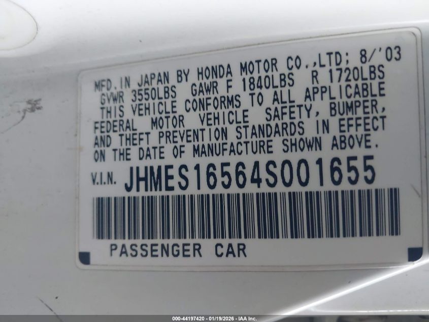 2004 Honda Civic Lx VIN: JHMES16564S001655 Lot: 44197420