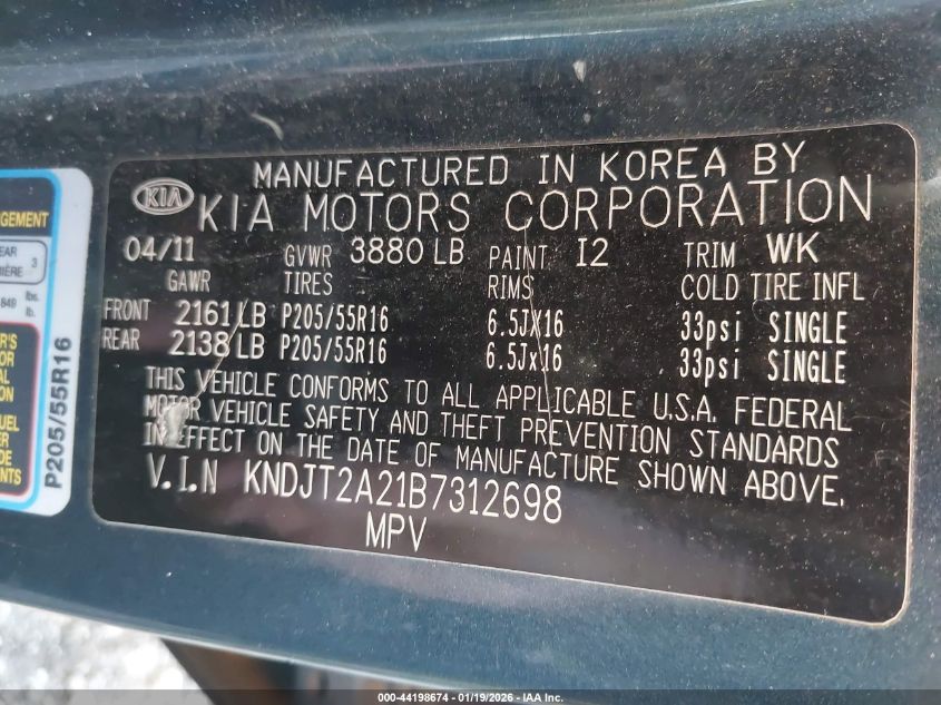 2011 Kia Soul + VIN: KNDJT2A21B7312698 Lot: 44198674