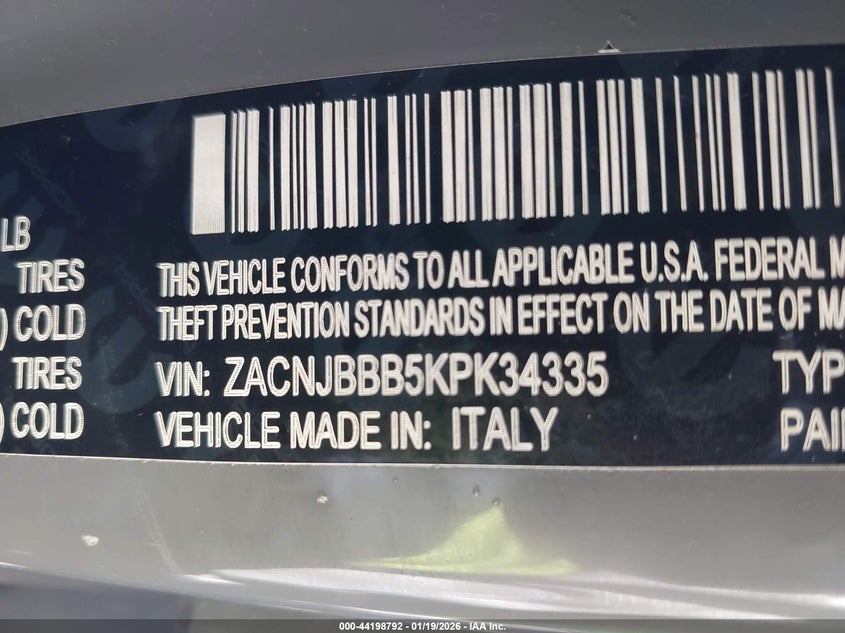 VIN ZACNJBBB5KPK34335 2019 JEEP RENEGADE ALTITUDE 4X4