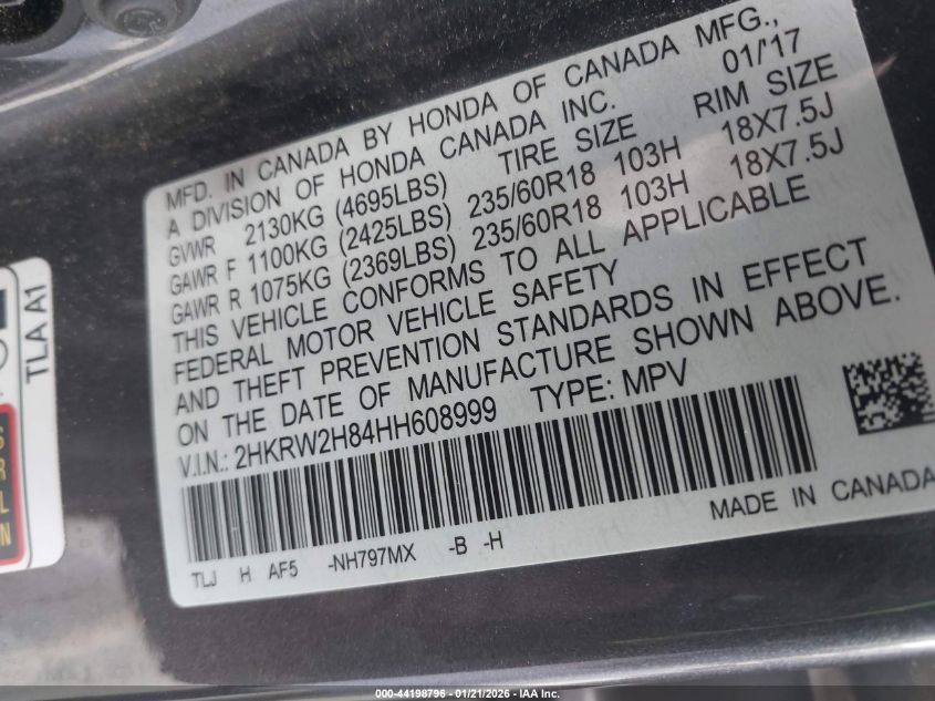 2017 Honda Cr-V Ex-L/Ex-L Navi VIN: 2HKRW2H84HH608999 Lot: 44198796