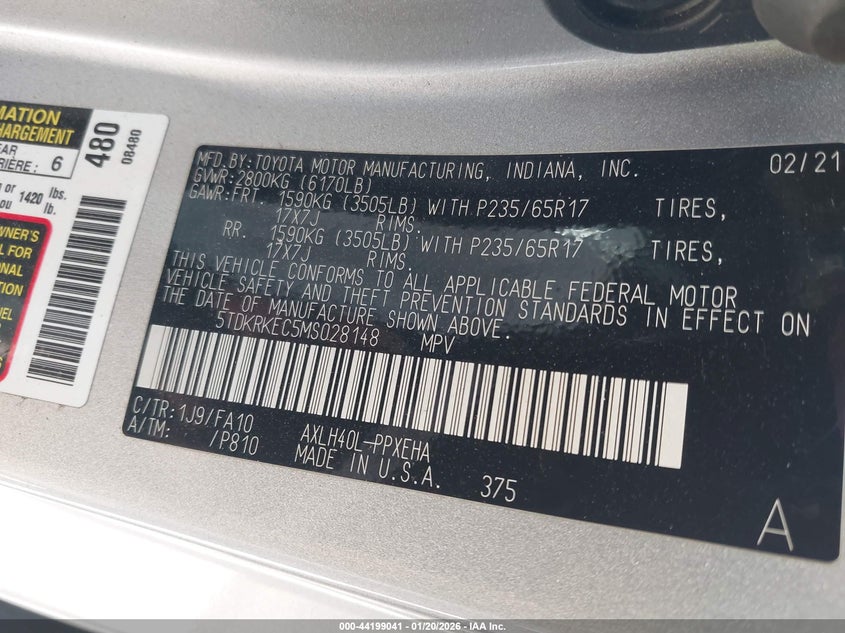 2021 Toyota Sienna Le VIN: 5TDKRKEC5MS028148 Lot: 44199041