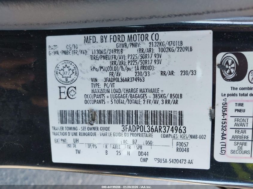 2010 Ford Fusion Hybrid VIN: 3FADP0L36AR374963 Lot: 44199286