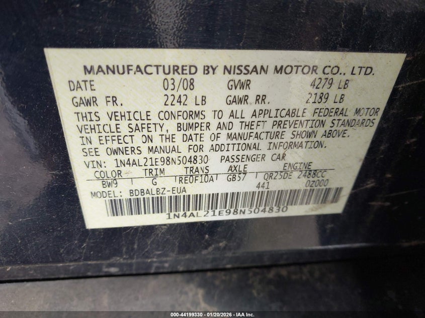 2008 Nissan Altima 2.5 S VIN: 1N4AL21E98N504830 Lot: 44199330