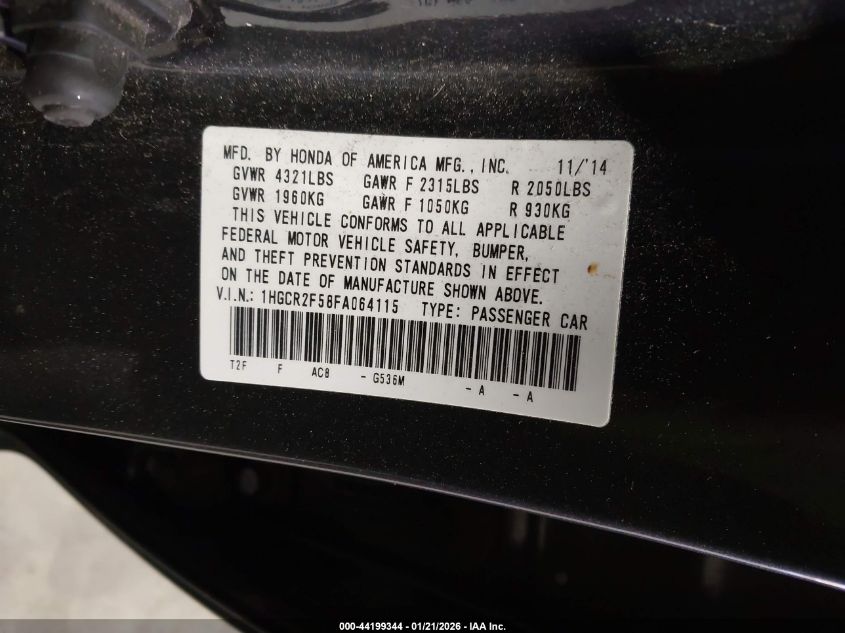2015 Honda Accord Sport VIN: 1HGCR2F58FA064115 Lot: 44199344