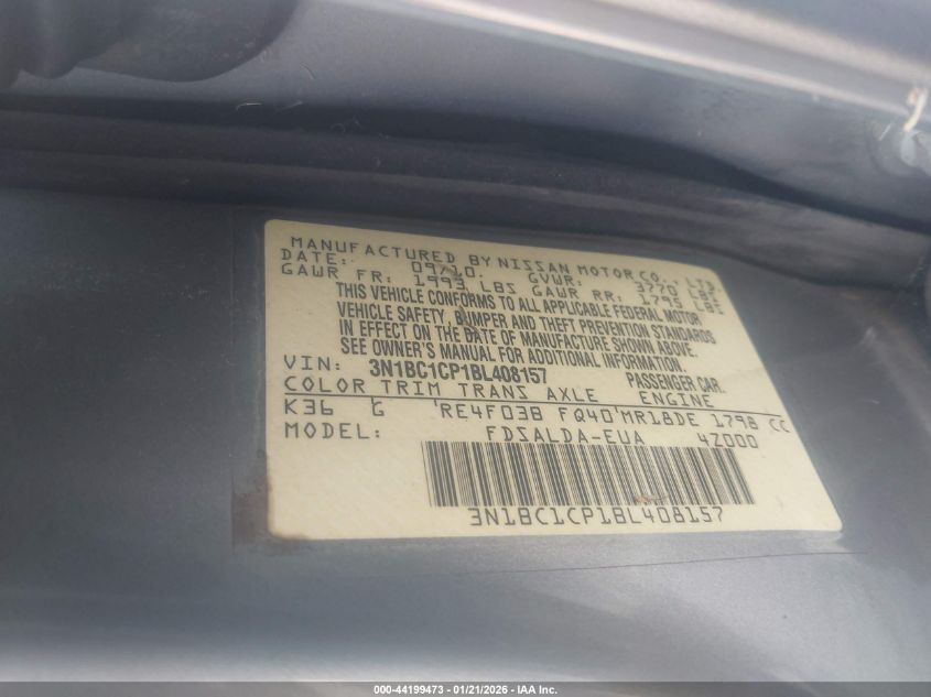 2011 Nissan Versa 1.8S VIN: 3N1BC1CP1BL408157 Lot: 44199473