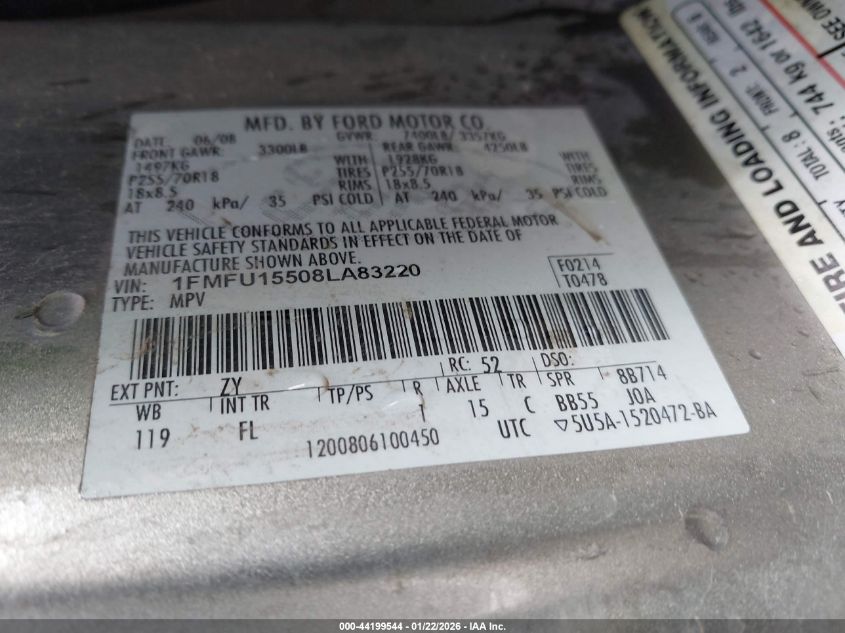 2008 Ford Expedition Xlt VIN: 1FMFU15508LA83220 Lot: 44199544