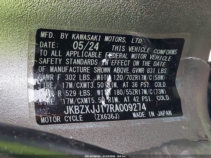 VIN JKBZXJJ17RA009274 2024 KAWASAKI ZX636 K