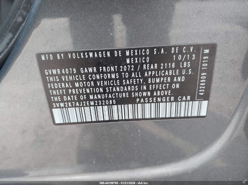 2014 Volkswagen Jetta 2.0L S VIN: 3VW2K7AJ2EM232085 Lot: 44199765