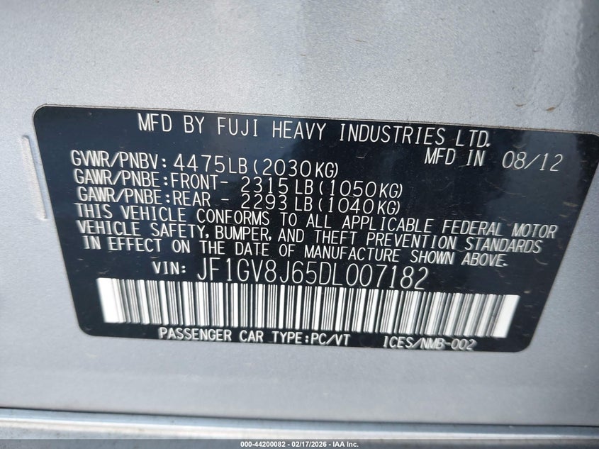 2013 Subaru Impreza Wrx Sti Limited VIN: JF1GV8J65DL007182 Lot: 44200082
