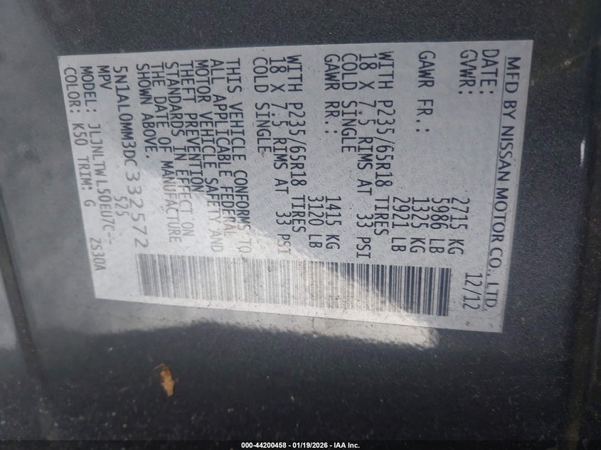 2013 Infiniti Jx35 VIN: 5N1AL0MM3DC332572 Lot: 44200458