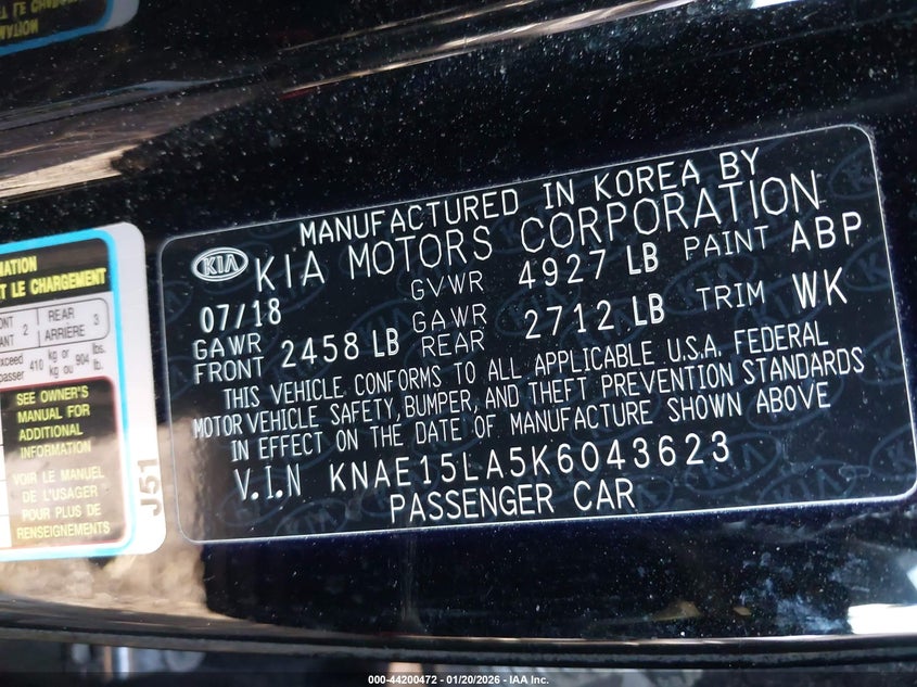 2019 Kia Stinger VIN: KNAE15LA5K6043623 Lot: 44200472