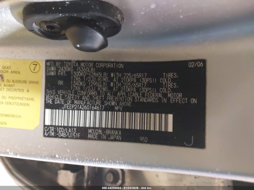 TOYOTA HIGHLANDER 2006 VIN JTEEP21A260164617