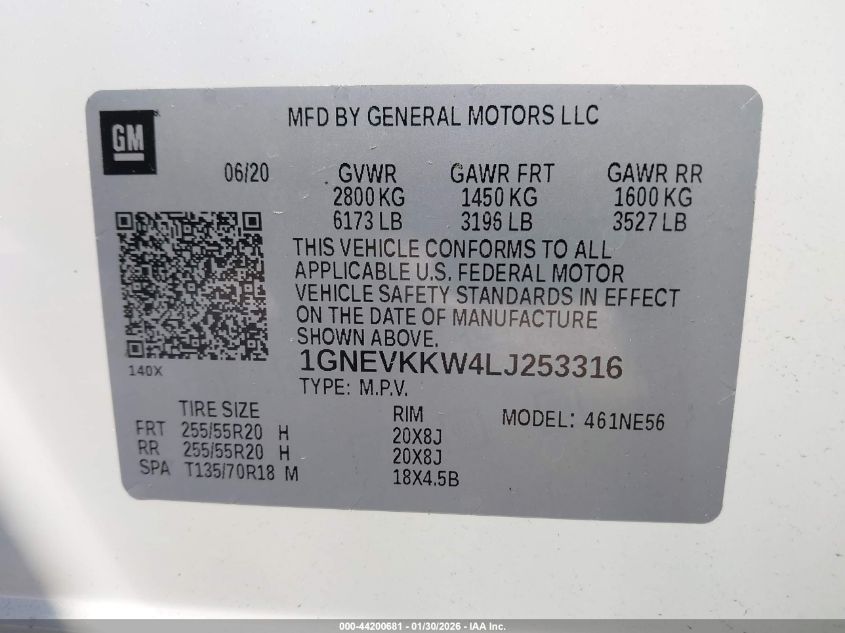 2020 Chevrolet Traverse Awd Premier VIN: 1GNEVKKW4LJ253316 Lot: 44200681