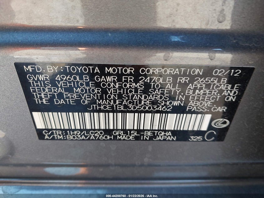 2013 Lexus Gs 350 VIN: JTHCE1BL3D5003462 Lot: 44200760