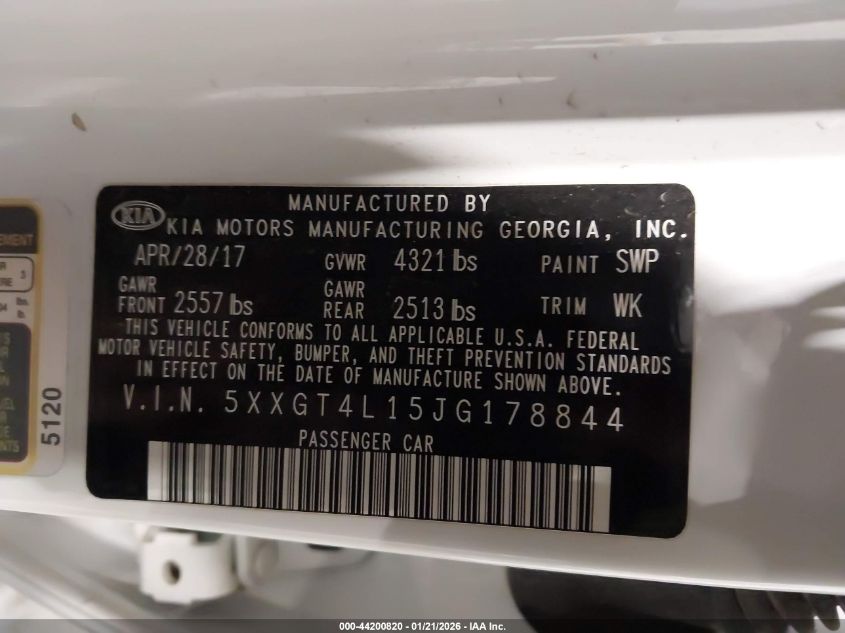 2018 Kia Optima Lx Turbo VIN: 5XXGT4L15JG178844 Lot: 44200820