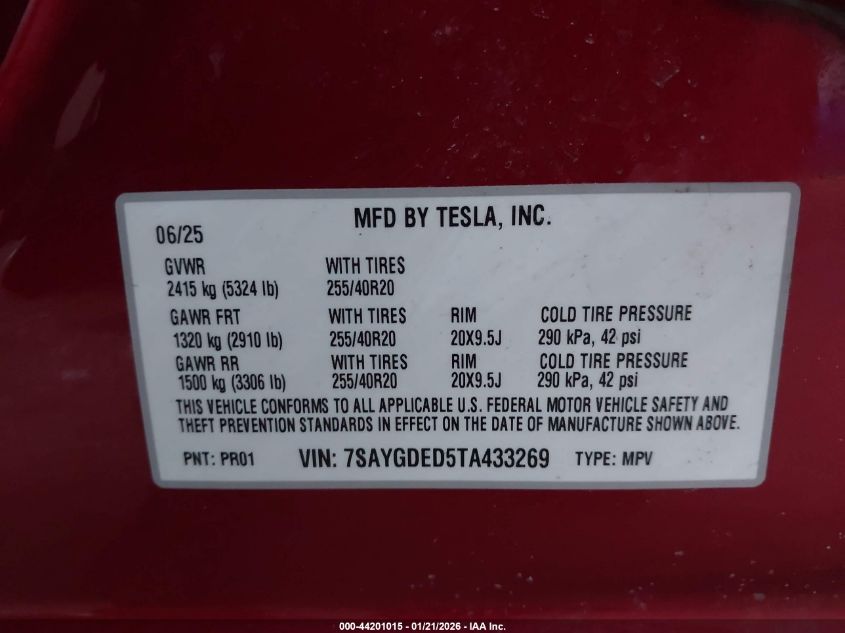 2026 Tesla Model Y Premium Rear-Wheel Drive/Standard Rear-Wheel Drive VIN: 7SAYGDED5TA433269 Lot: 44201015