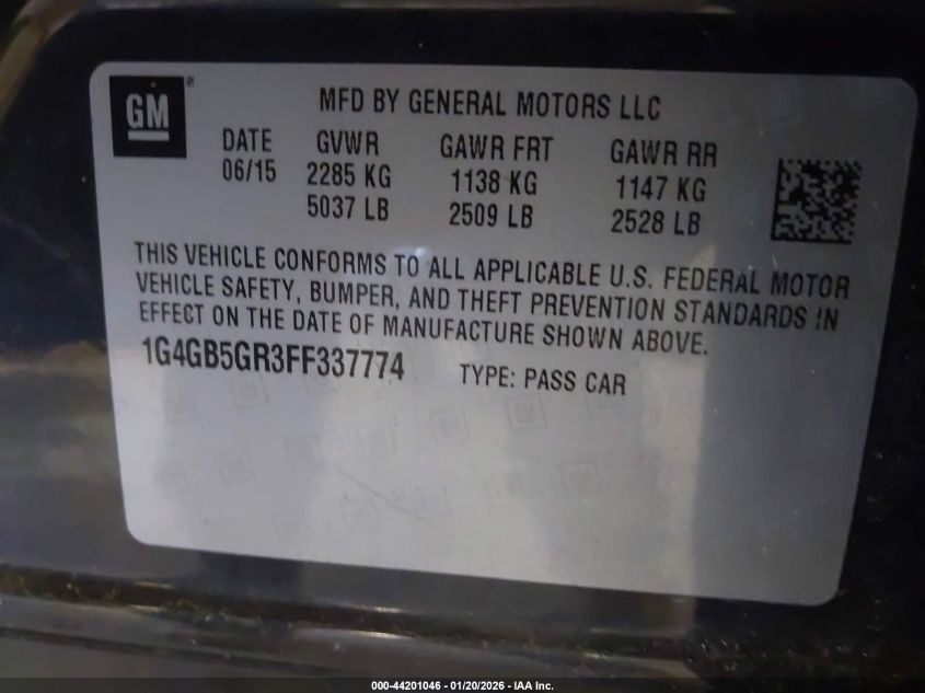 2015 Buick Lacrosse Leather VIN: 1G4GB5GR3FF337774 Lot: 44201046