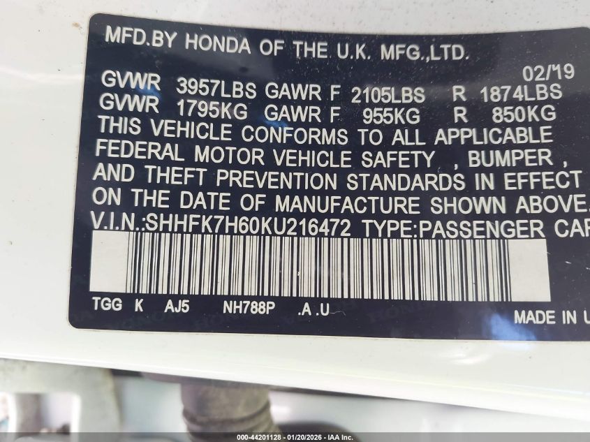 2019 Honda Civic Ex VIN: SHHFK7H60KU216472 Lot: 44201128