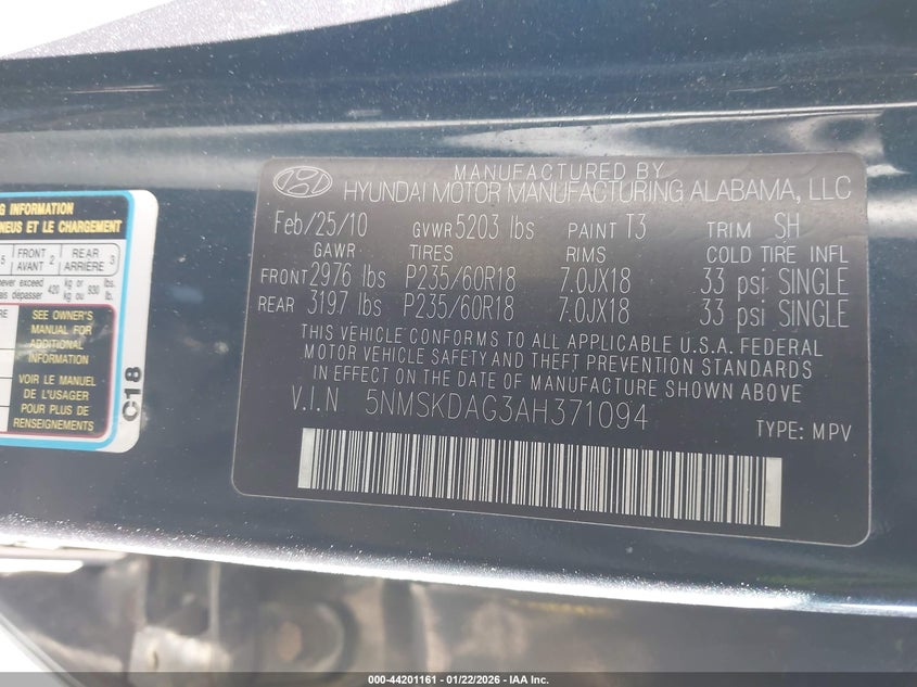 2010 Hyundai Santa Fe Limited V6 VIN: 5NMSKDAG3AH371094 Lot: 44201161