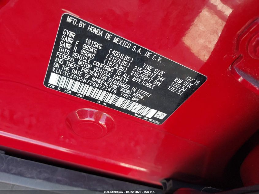 2016 Honda Hr-V Ex-L VIN: 3CZRU5H72GM723876 Lot: 44201537