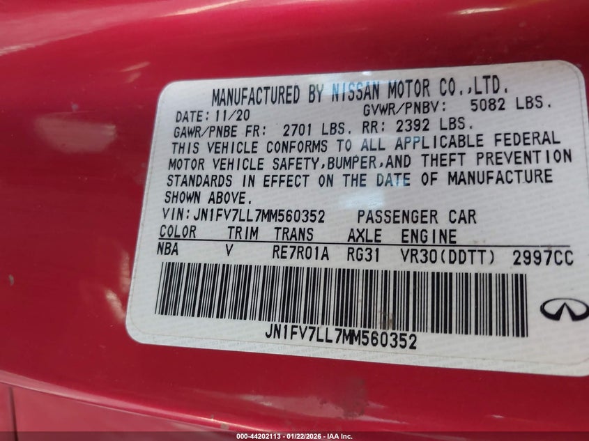 2021 Infiniti Q60 Red Sport 400 Awd VIN: JN1FV7LL7MM560352 Lot: 44202113