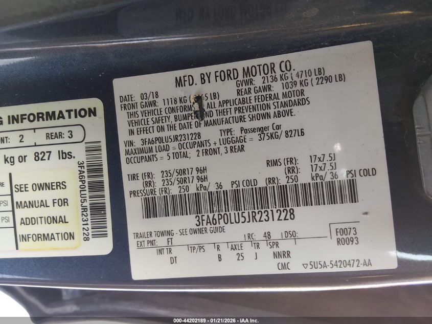 2018 Ford Fusion Hybrid Se VIN: 3FA6P0LU5JR231228 Lot: 44202189