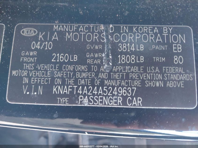 2010 Kia Forte Lx VIN: KNAFT4A24A5249637 Lot: 44202277