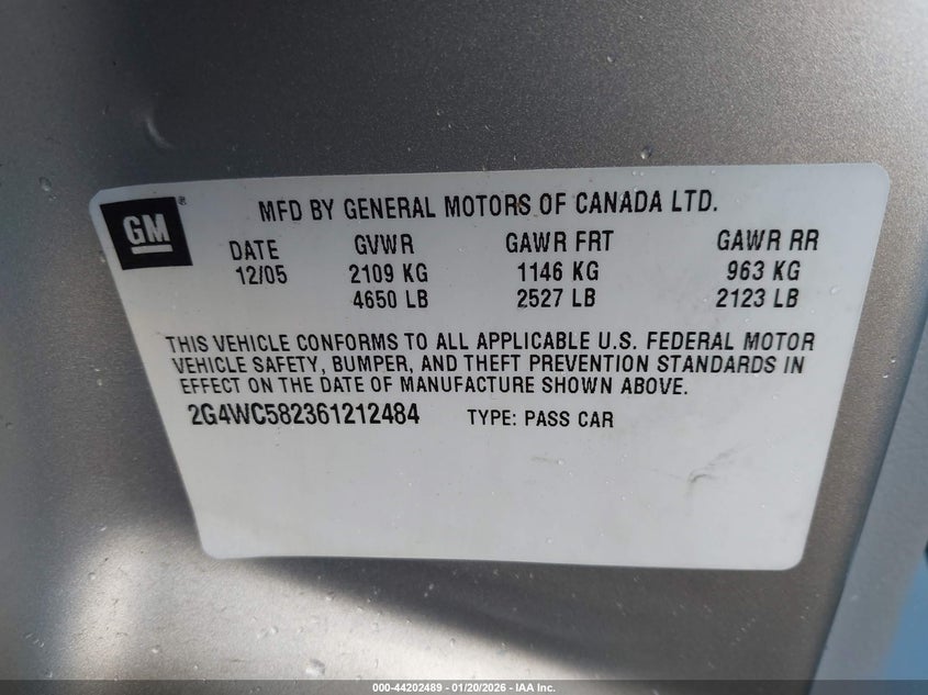 2006 Buick Lacrosse Cx VIN: 2G4WC582361212484 Lot: 44202489