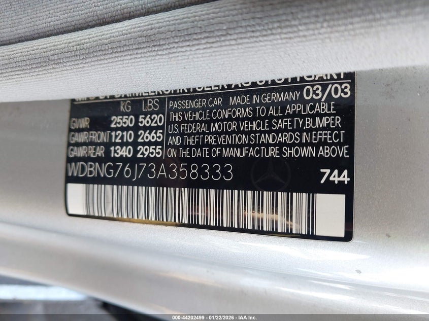 2003 Mercedes-Benz S 600 VIN: WDBNG76J73A358333 Lot: 44202499