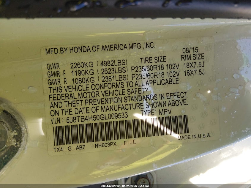 2016 Acura Rdx Technology Acurawatch Plus Packages/Technology Package VIN: 5J8TB4H50GL009533 Lot: 44202512