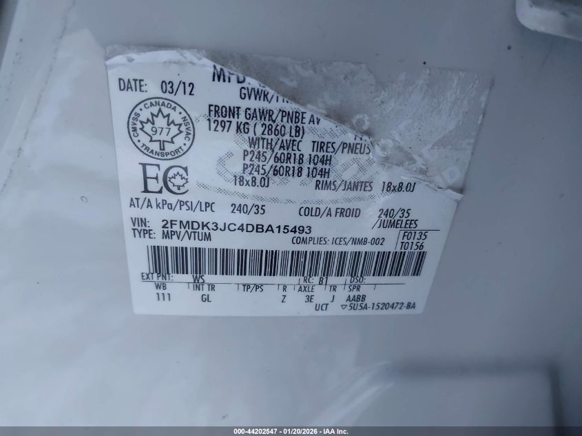 2013 Ford Edge Sel VIN: 2FMDK3JC4DBA15493 Lot: 44202547