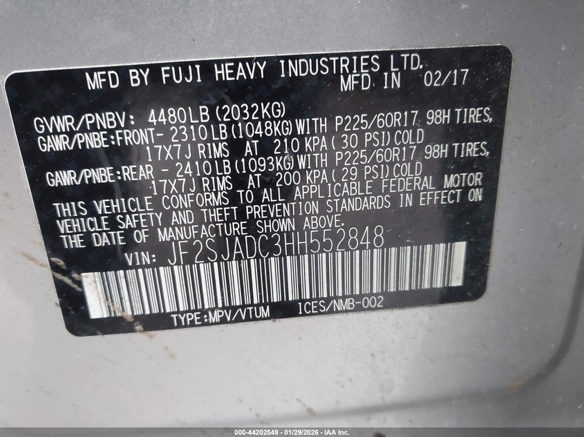 2017 Subaru Forester 2.5I Premium VIN: JF2SJADC3HH552848 Lot: 44202549