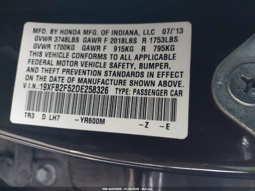 2013 Honda Civic Lx VIN: 19XFB2F52DE258326 Lot: 44202586