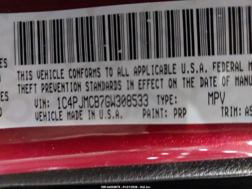 2016 Jeep Cherokee Latitude VIN: 1C4PJMCB7GW308533 Lot: 44202676